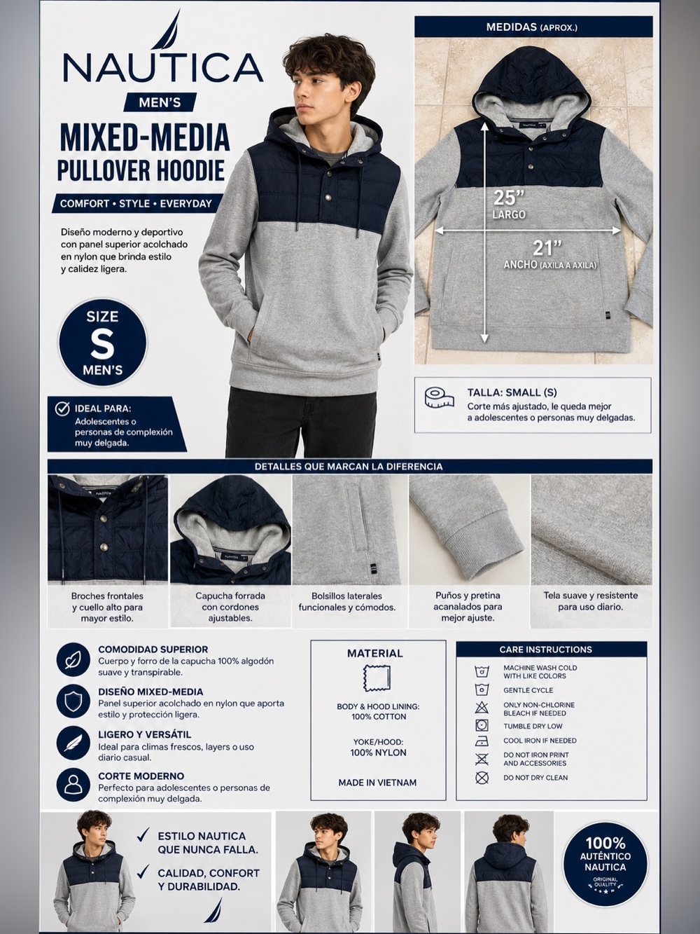 Nautica Men’s Size S Gray Navy Mixed Media Pullover Hoodie Cotton Nylon